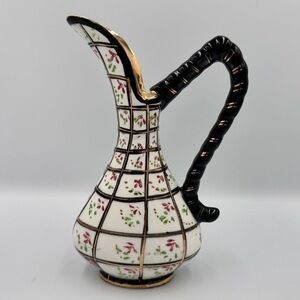 Vintage Japanese Style Hand Painted Black & White Porcelain Floral Ewer